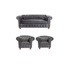 Um Sofá 180M + Duas Poltronas Chesterfield Luiz XV Suede Cinza Camuça /barbearia, casa, decoração,recepção, sala, escritorio