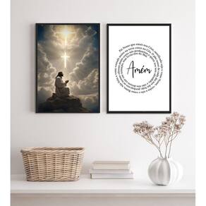 Kit 2 Quadros Jesus Orando- Pai Nosso 45X34Cm - Com Vidro