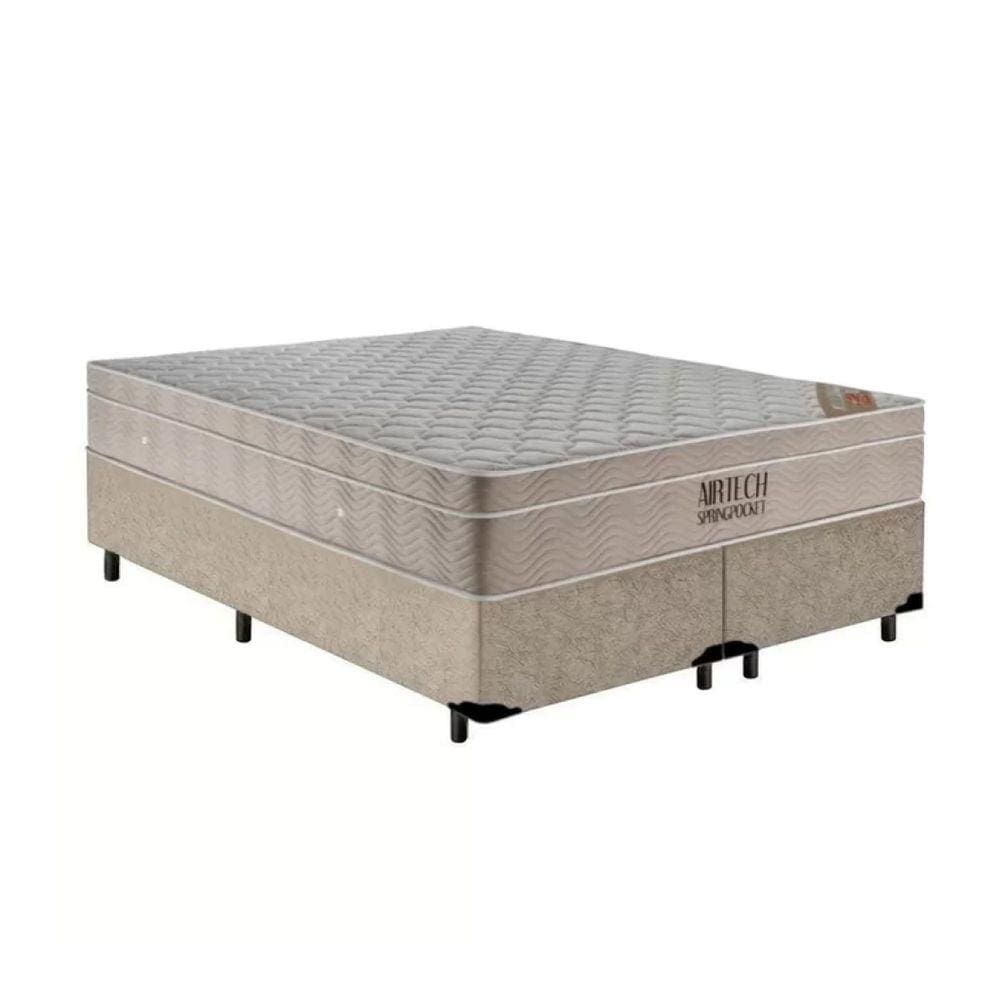 Cama Box Queen + Colchão de Molas Ensacadas Ortobom Airtech Bege 158cm - Suporta até 150 Kg Por Pessoa