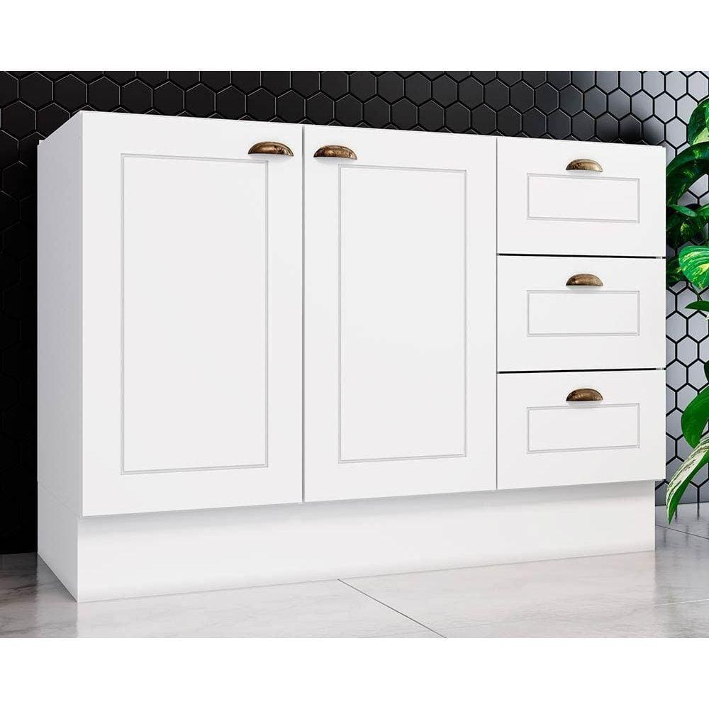 Balcão de Cozinha Americana 2 Portas e 3 Gavetas p/ Pia 120cm S/tampo Branco - Henn