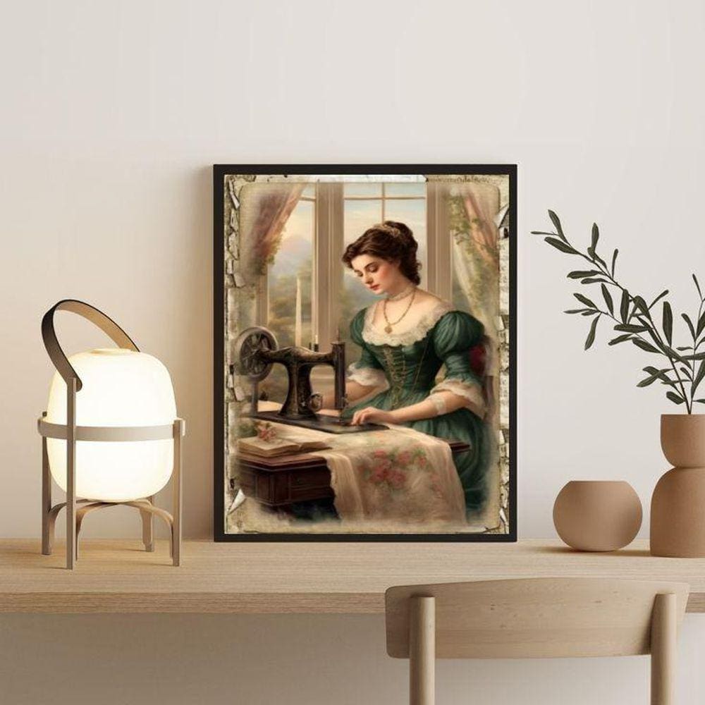 Quadro Decorativo Vintage Costureira 45X34Cm - Com Vidro