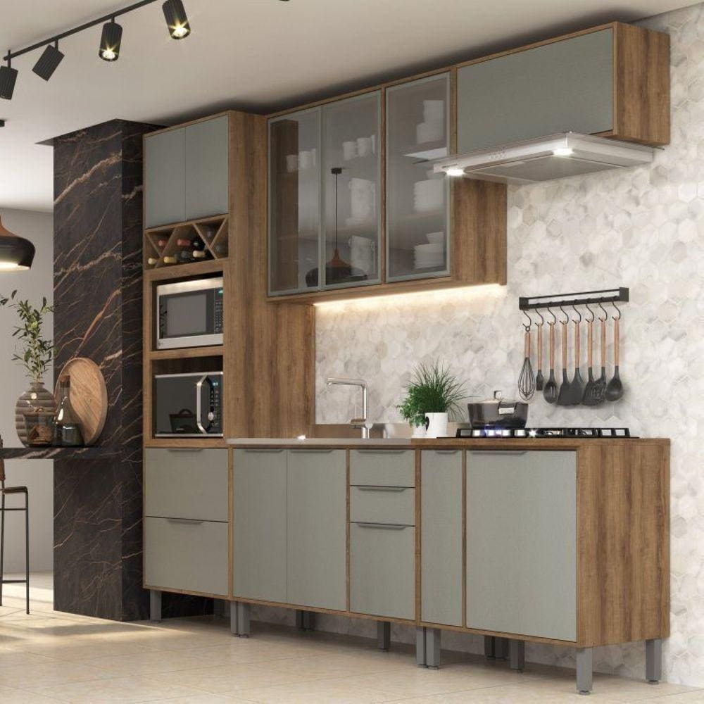 Cozinha Modulada 5 Peças 9 Portas 6 Gavetas Lavínia Amêndoa/Niágara