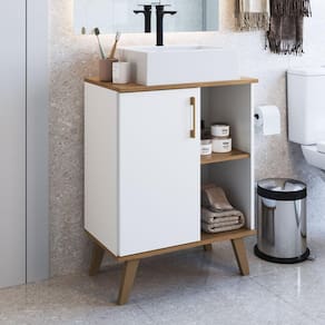 Gabinete para Banheiro 60cm com 1 Porta e 2 Prateleiras Ba305 sem Cuba Branco/Mel