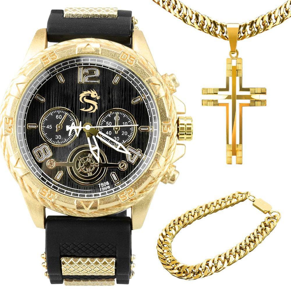 Relogio masculino banhado aço inox + cordão cruz + pulseira