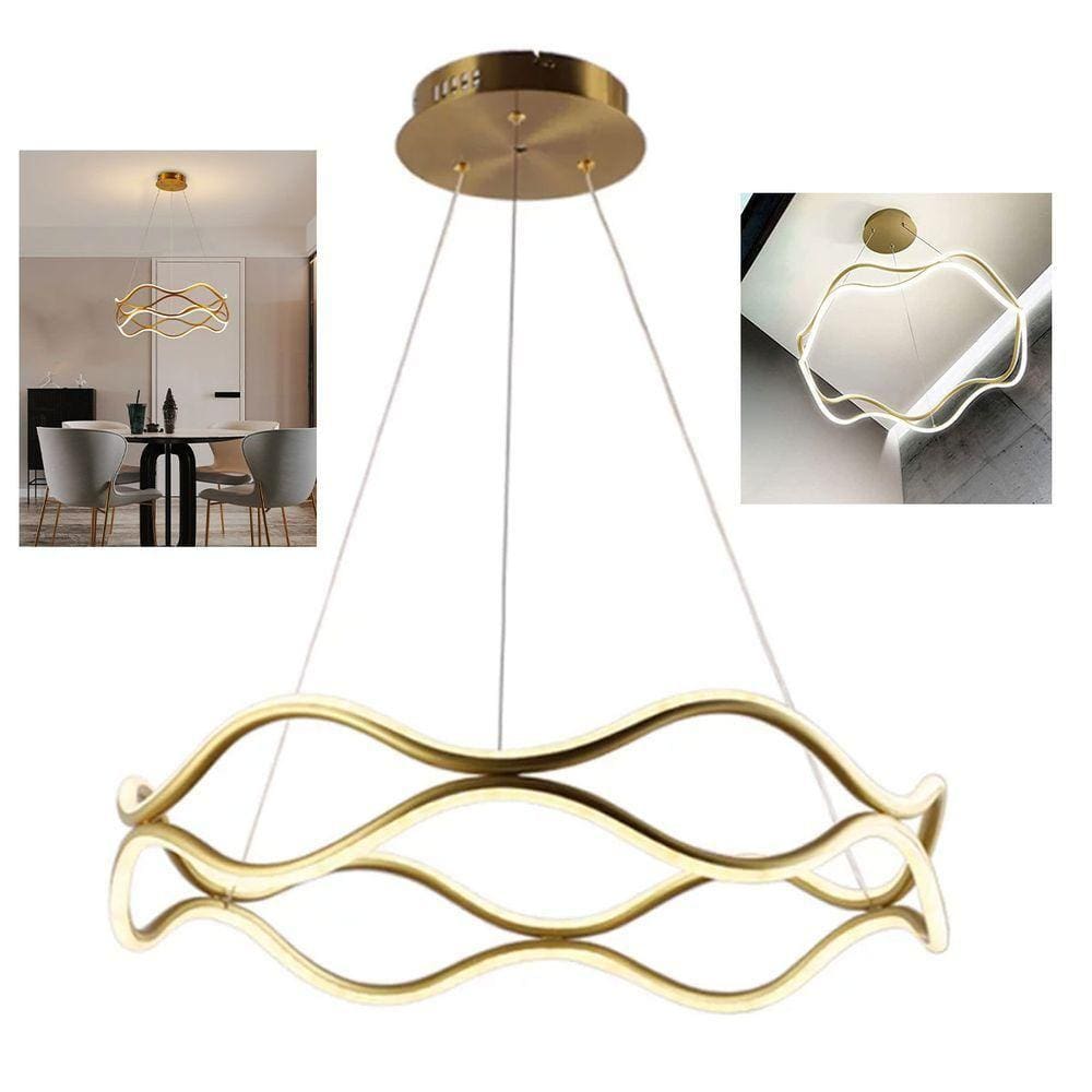 Luminaria Lustre 3 Em 1 Ondas Infinitas Pendente Led 52w Arco Dourado Aneis Sala De Jantar