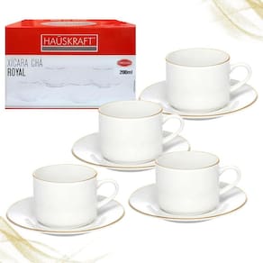Jogo 4 Xícaras Com Pires Em Porcelana Branca Borda Dourada