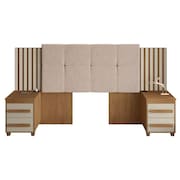Cabeceira Casal Extensível Com 2 Mesas De Apoio Ripado E Estofado Cinamomo/Off White Suíça