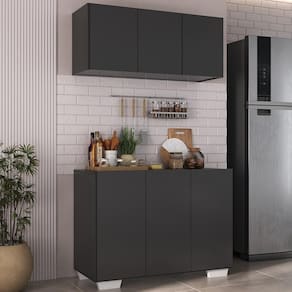 Kit Armário De Cozinha Aéreo E Balcão 3 Portas Multimóveis Mp2169 Preto/branco Preto/branco