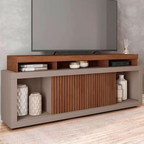 Rack para TV 75 Polegadas 2 Portas com Ripado Aegon Cinza/Havana - Caemmun