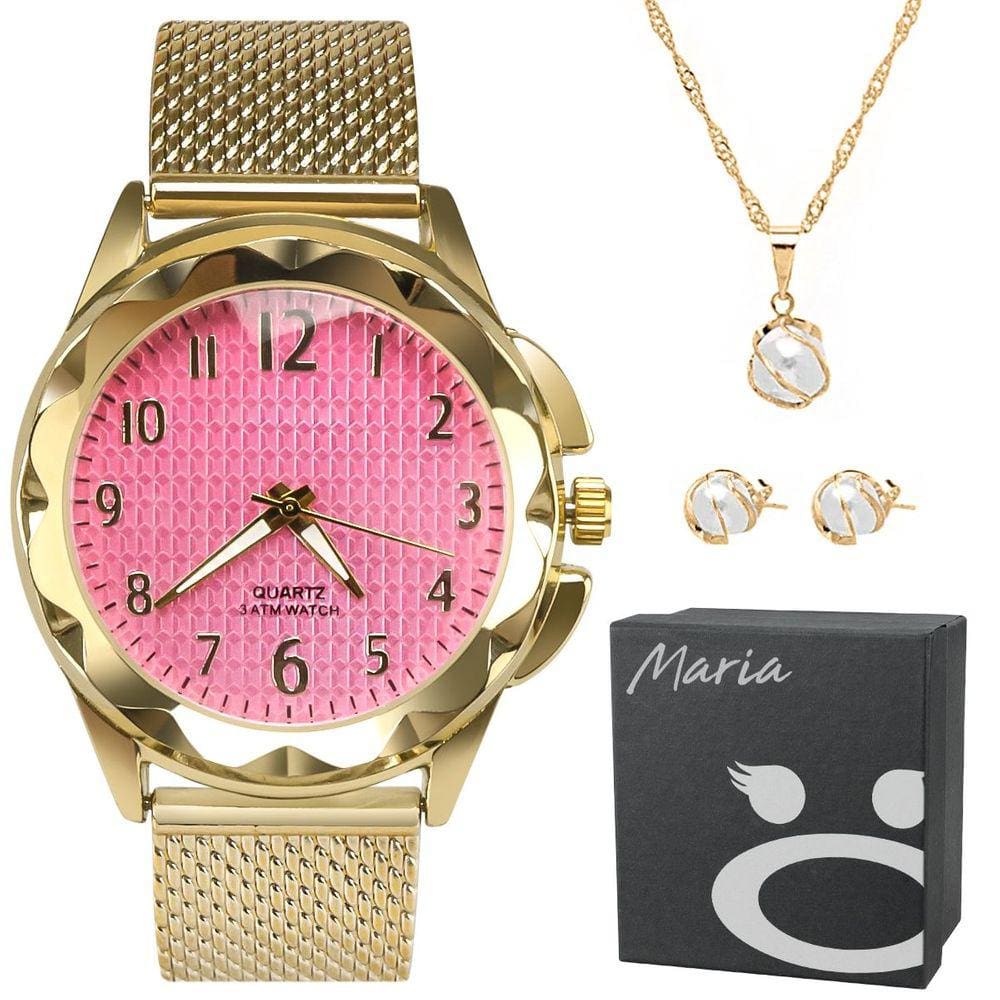 Relogio feminino aço prova dagua banhado + pulseira + colar