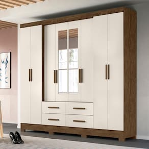 Guarda Roupa Casal 8 portas espelho 4 gavetas Castanho Wood / Baunilha San Lorenzo Plus - Moval