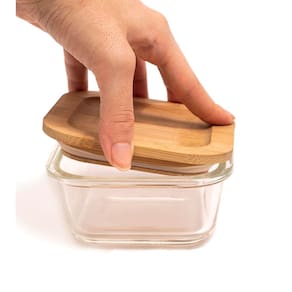 Pote 320Ml De Vidro Com Tampa De Bambu Quadrado Raso - Oikos