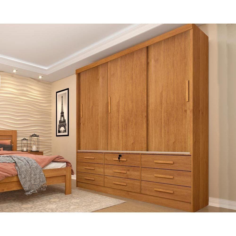 Guarda Roupa Casal Chicago c/ 3 Portas de Correr e 9 Gavetas Cinamomo - Tcil Móveis