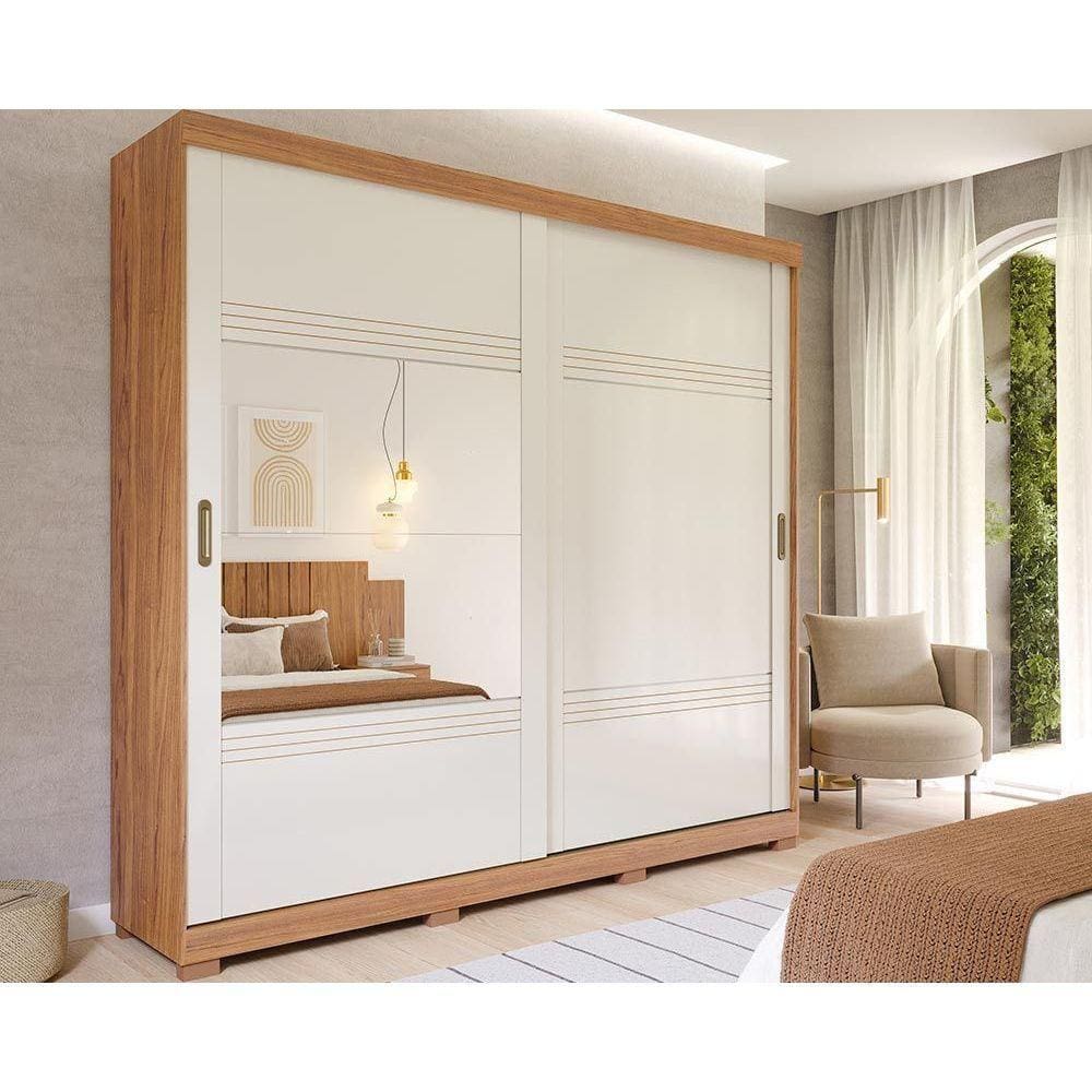 Guarda Roupa 2 Portas de Correr e 4 Gavetas c/ 1 Espelho e Pés Blumenau Cinamomo/Off White - Panan