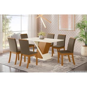 Sala de Jantar Completa Solus c/ Tampo Madeirado 160x90cm e 6 Cadeiras Isa Nature/Veludo Light Bege Vanilla - Henn