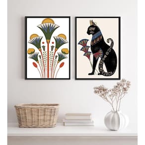 Kit 2 Quadros Egípcios Gato Bastet E Flor Lotus 45X34Cm