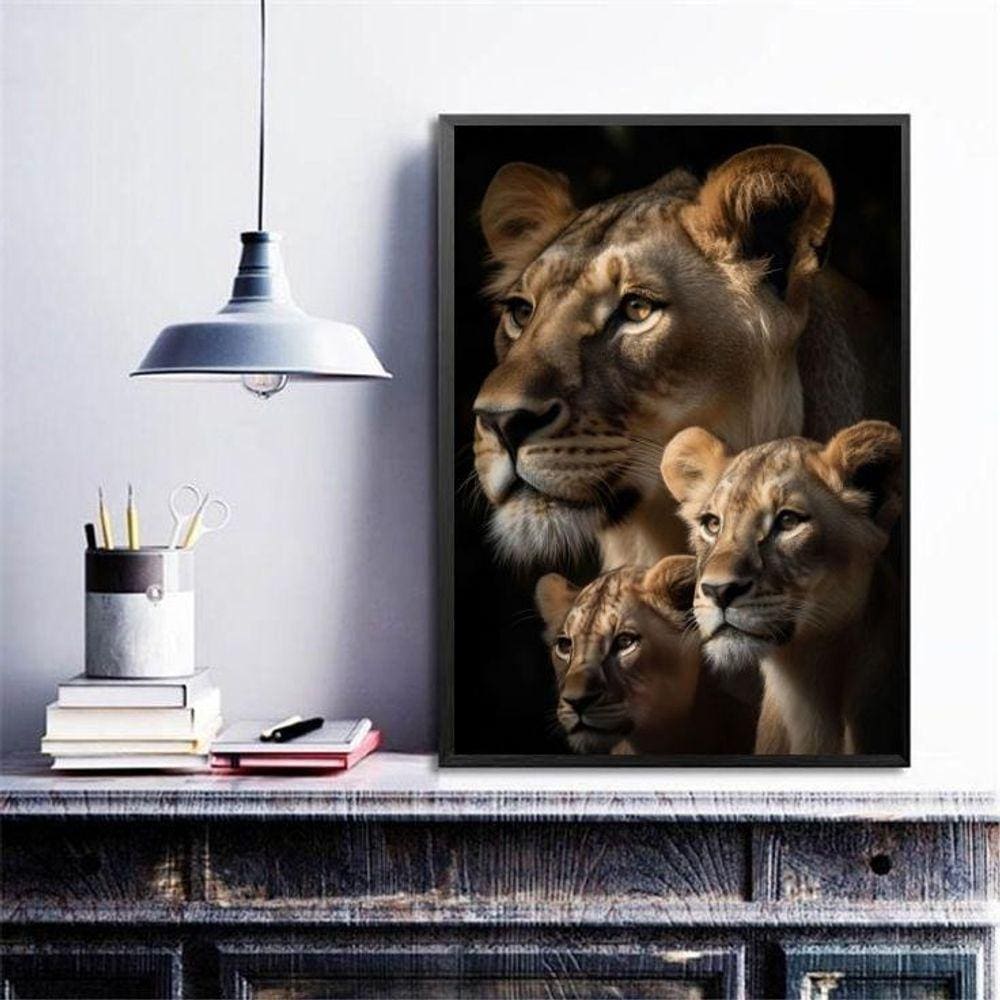 Quadro Decorativo Leoa Com Filhotes 45X34Cm