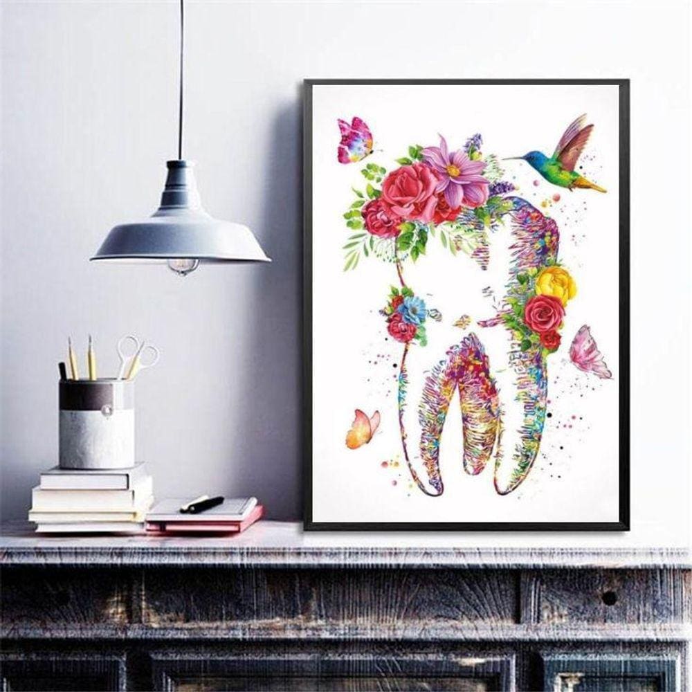 Quadro Dente Com Flores- Odontologia 33X24Cm - Com Vidro