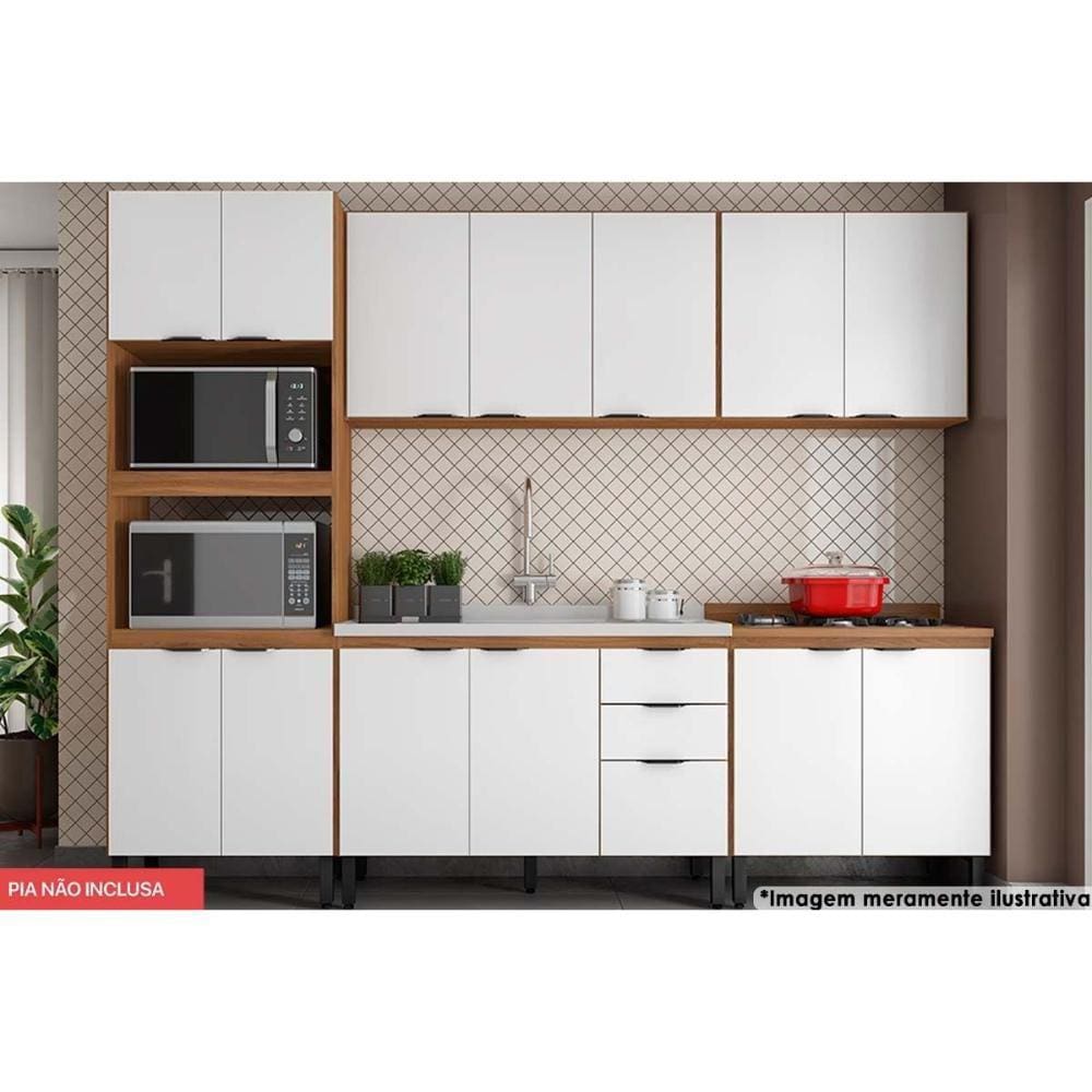 Cozinha Compacta Firenze 5 Peças (2 Aéreos + 2 Balcões + 1 Paneleiro) FMT009 Amendola/Branco - Demóbile
