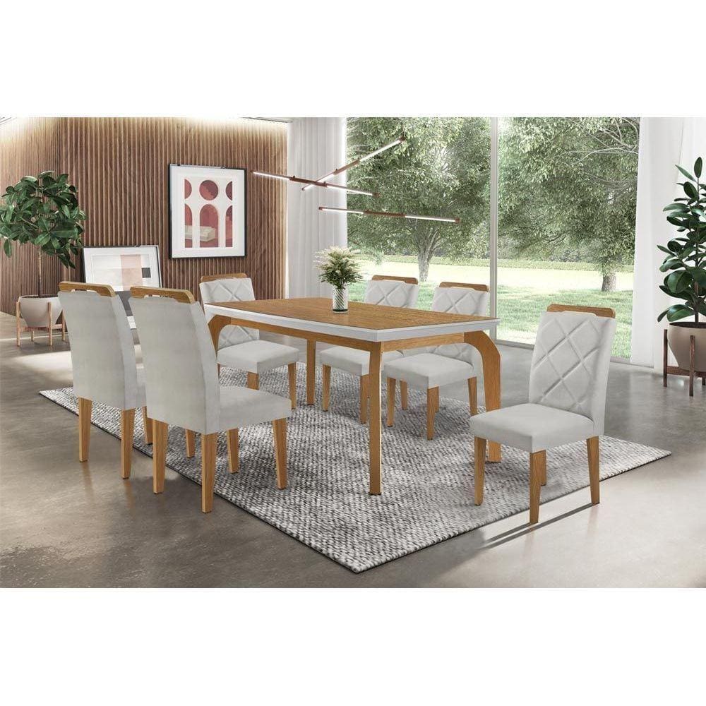 Conjunto: Mesa Sala Jantar Londrina Tampo Madeirado c/ Vidro 180cm + 6 Cadeiras Melissa Imbuia/Bege Turim - Rufato