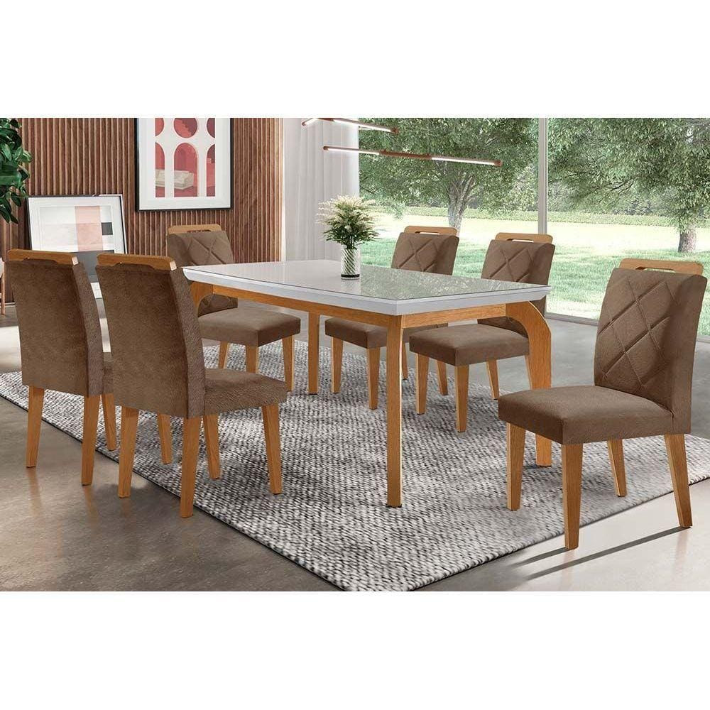Conjunto: Mesa Sala Jantar Londrina Tampo Madeirado c/ Vidro 180cm + 6 Cadeiras Melissa Imbuia/Chocolate Capuccino - Rufato