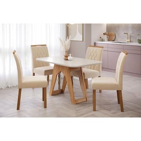 Sala de Jantar Completa Carol c/ Tampo Madeirado c/ Vidro 130cm + 4 Cadeiras Juliana Nature/Off White/Madeira/Nude - Cimol