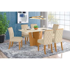 Conjunto: Mesa Sala Jantar Vértice c/ Tampo Madeirado 160cm + 6 Cadeiras Vita Nature/Veludo Light Linho - Henn
