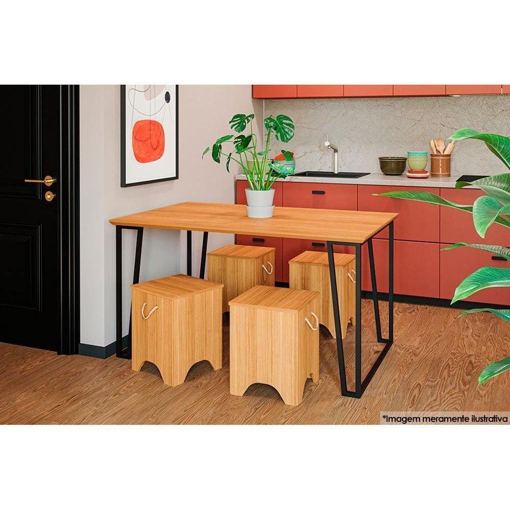 Conjunto: Mesa de Cozinha Lisa c/ Tampo Madeirado 130cm + 4 Bancos Kim Preto/Nature - Cimol