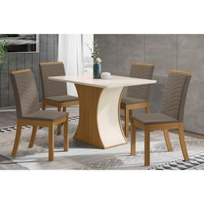 Sala de Jantar Completa Mesa Luiza Tampo Madeirado c/ Vidro Reto 120x80cm e 4 Cadeiras Isa Nature/Veludo Light Bege Vanilla - Henn