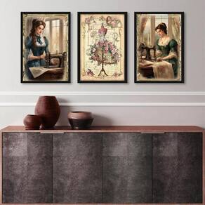 Kit 3 Quadros Vintage Atelier De Costura 33X24Cm - Com Vidro