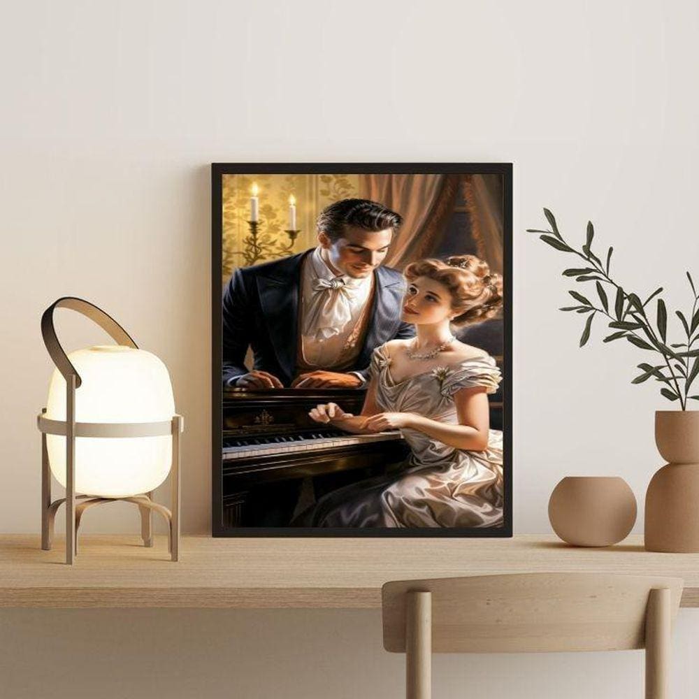 Quadro Decorativo Vintage Casal Com Piano 45X34Cm - Vidro