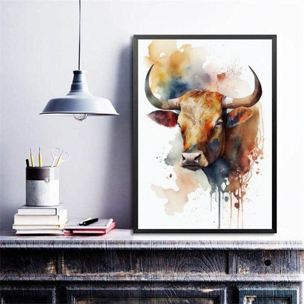 Quadro Decorativo Boi Aquarela 45X34Cm - Com Vidro