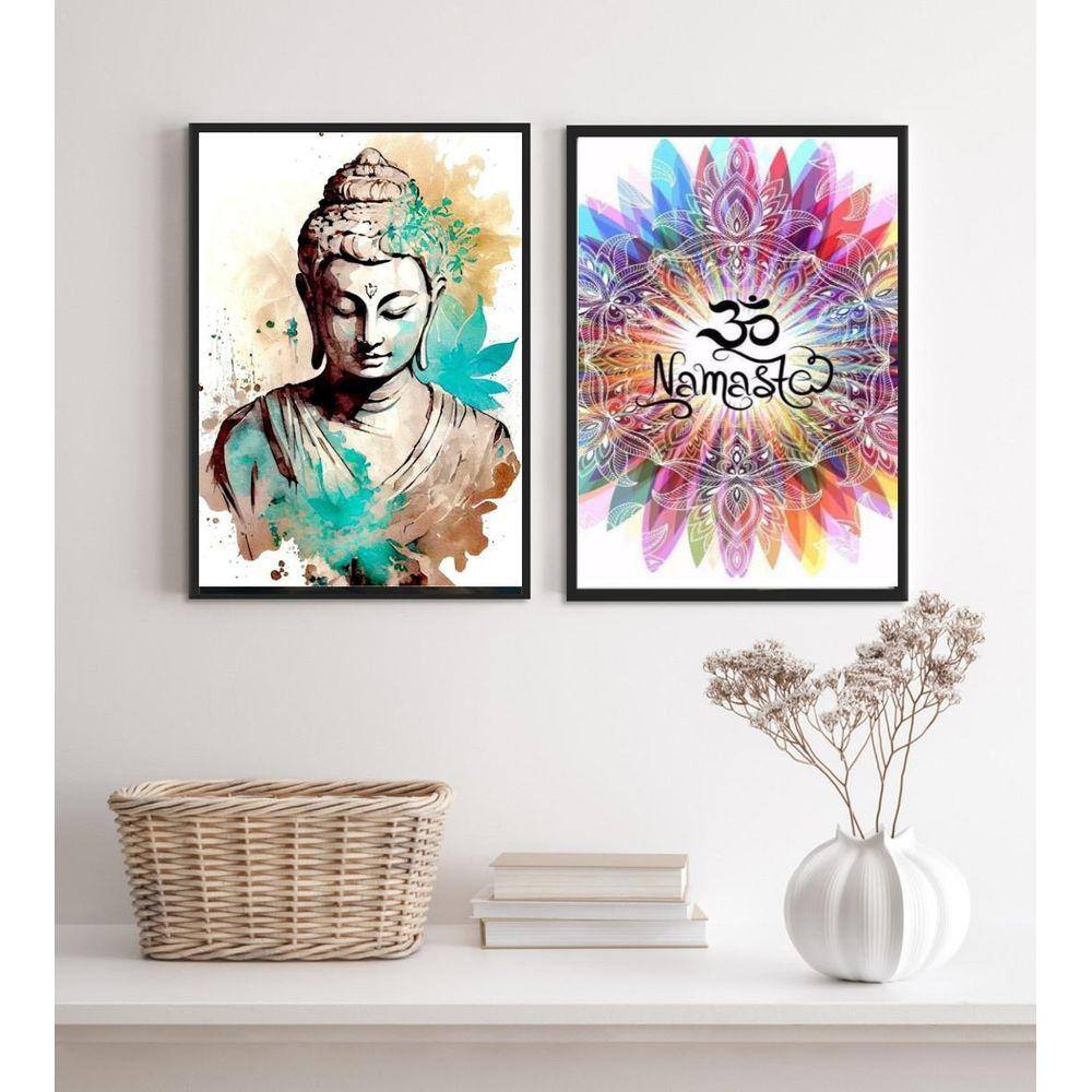 Kit 2 Quadros Buda Namastê- Aquarela 33X24Cm - Com Vidro