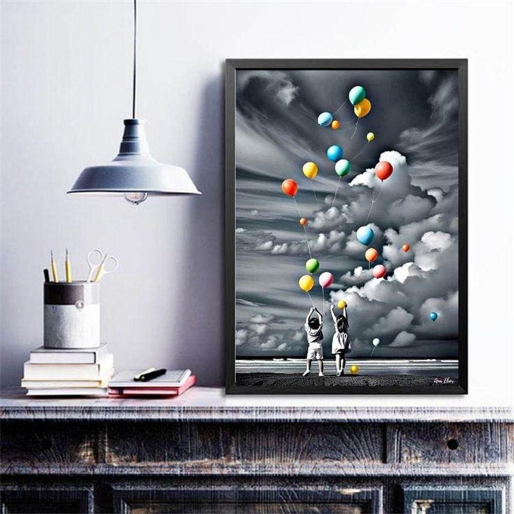 Quadro Decorativo Crianças Balões Coloridos 45X34Cm - Vidro