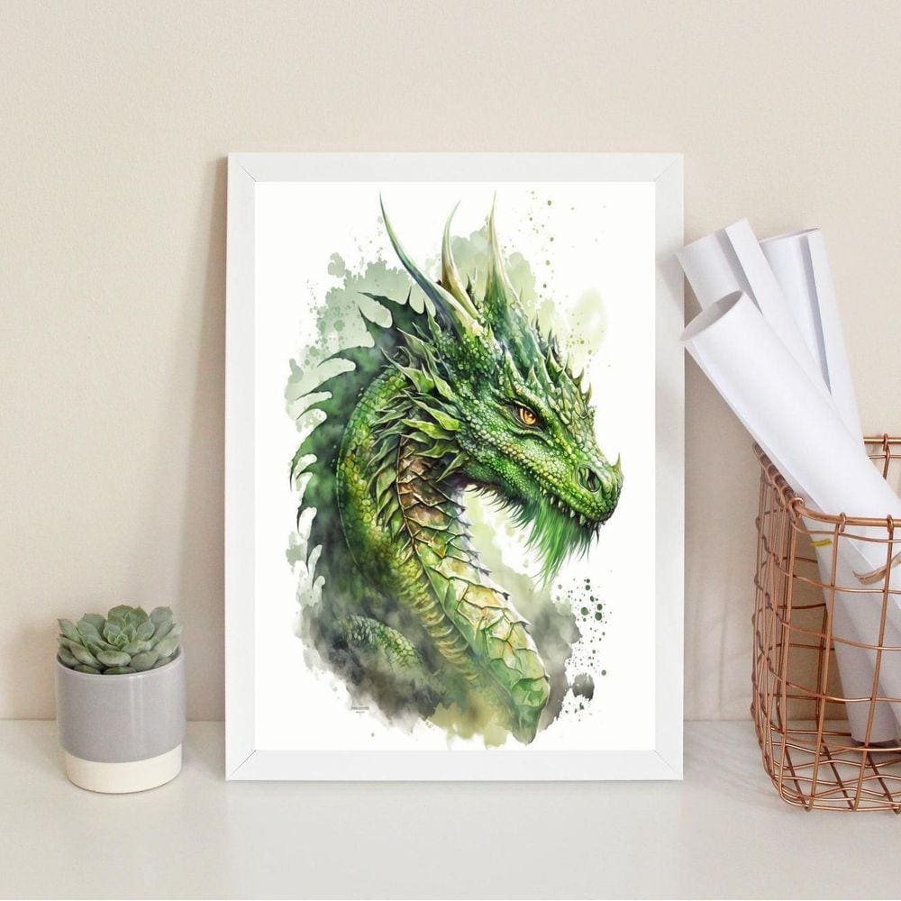 Quadro Decorativo Aquarela Dragão Verde 45X34Cm - Com Vidro