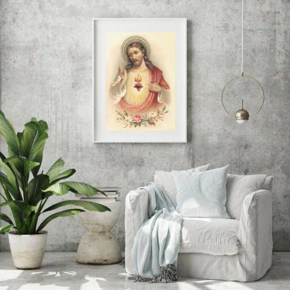 Quadro Arte Sacra Sagrado Coração De Jesus Vintage - 60X48Cm