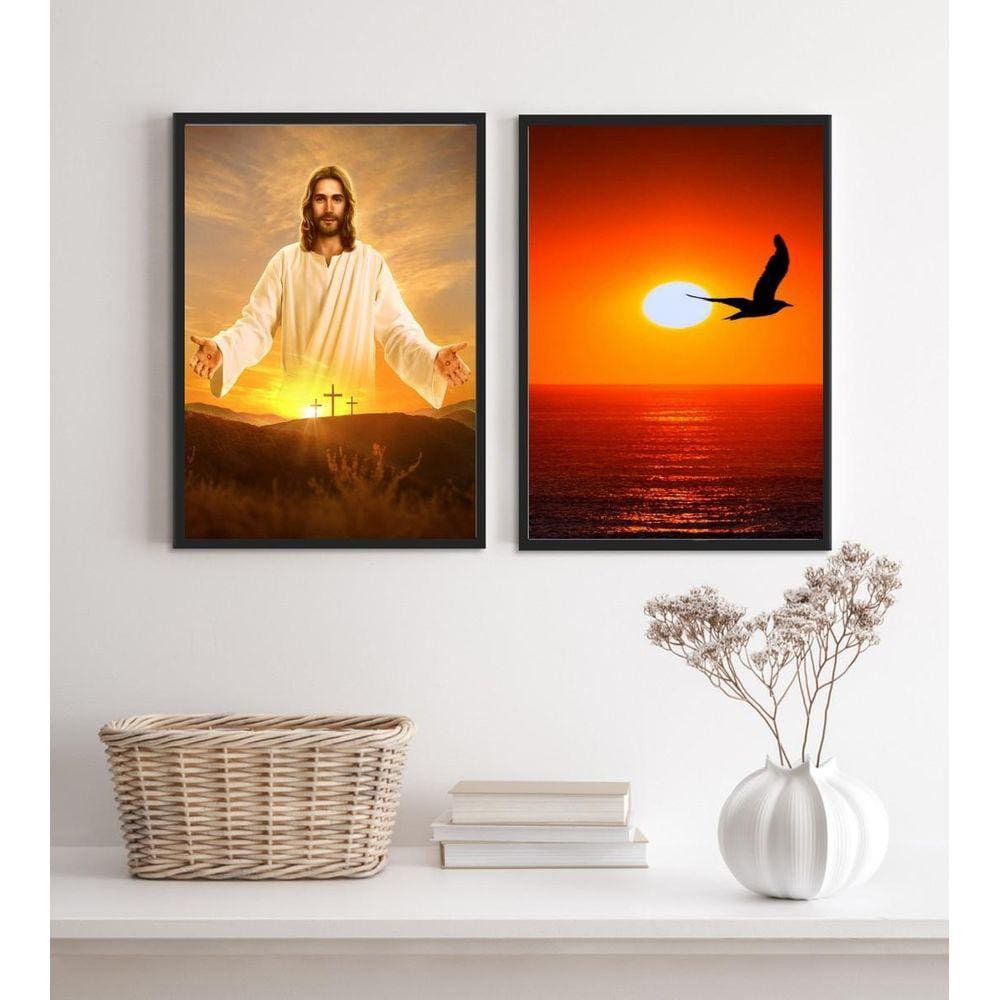 Kit 2 Quadros Evangélicos Jesus Por Do Sol 24X18Cm - Vidro