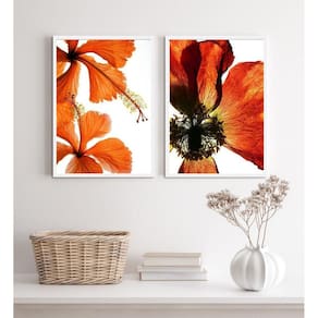Kit 2 Quadros Flores Modernas Alaranjadas 24X18Cm - Vidro