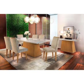Sala de Jantar Completa Luna c/ Tampo Madeirado c/ Vidro Canto Reto 180cm + 6 Cadeiras Lunara Imbuia/Capuccino Chocolate - Rufato