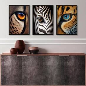 Kit 3 Quadros Decorativos Olhos De Animais 45X34Cm - Vidro