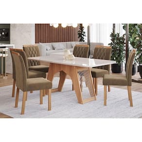 Conjunto: Mesa Sala Jantar Carol c/ Tampo Madeirado c/ Vidro 180cm + 6 Cadeiras Juliana Nature/Off White/Madeira/Joli - Cimol