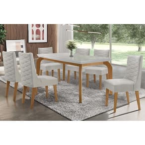 Sala de Jantar Completa Mesa Londrina Tampo Madeirado c/ Vidro 180cm + 6 Cadeiras Dafne Imbuia/Bege Turim - Rufato