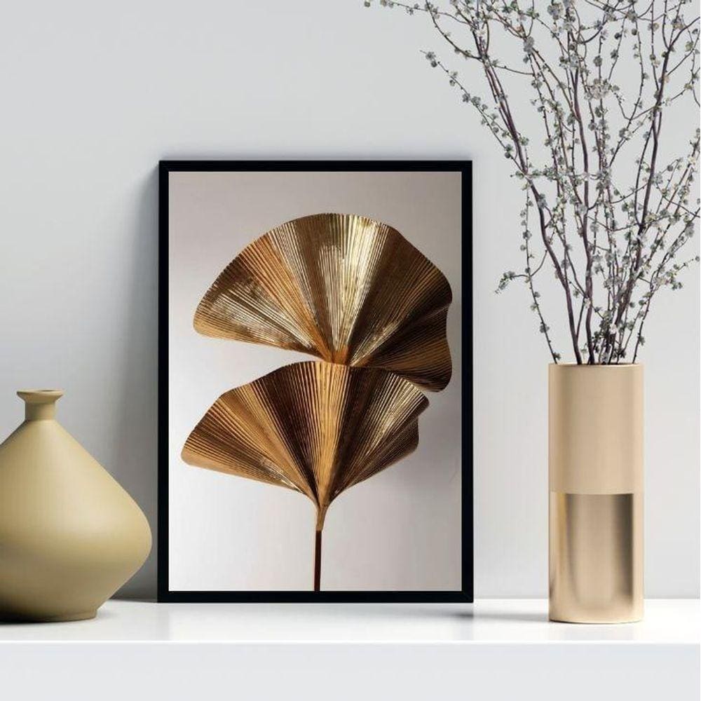 Quadro Decorativo Abstrato Folha Leque Bronze 33X24Cm Vidro