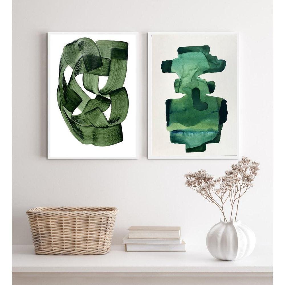 Kit 2 Quadros Decorativos Verdes Abstratos- Aquarela 45X34Cm