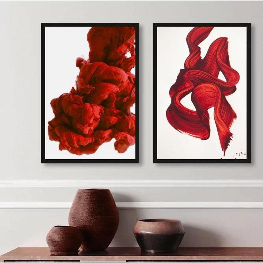 Kit 2 Quadros Abstratos Arte Moderna Ondas Vermelhas 24X18Cm