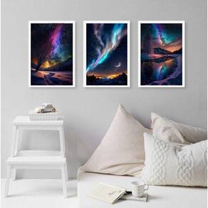 Kit 3 Quadros Decorativos Aurora Boreal 24X18Cm - Com Vidro