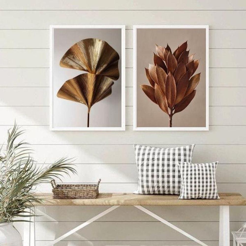 Kit 2 Quadros Flores Modernas Marrom E Cinza 24X18Cm - Vidro