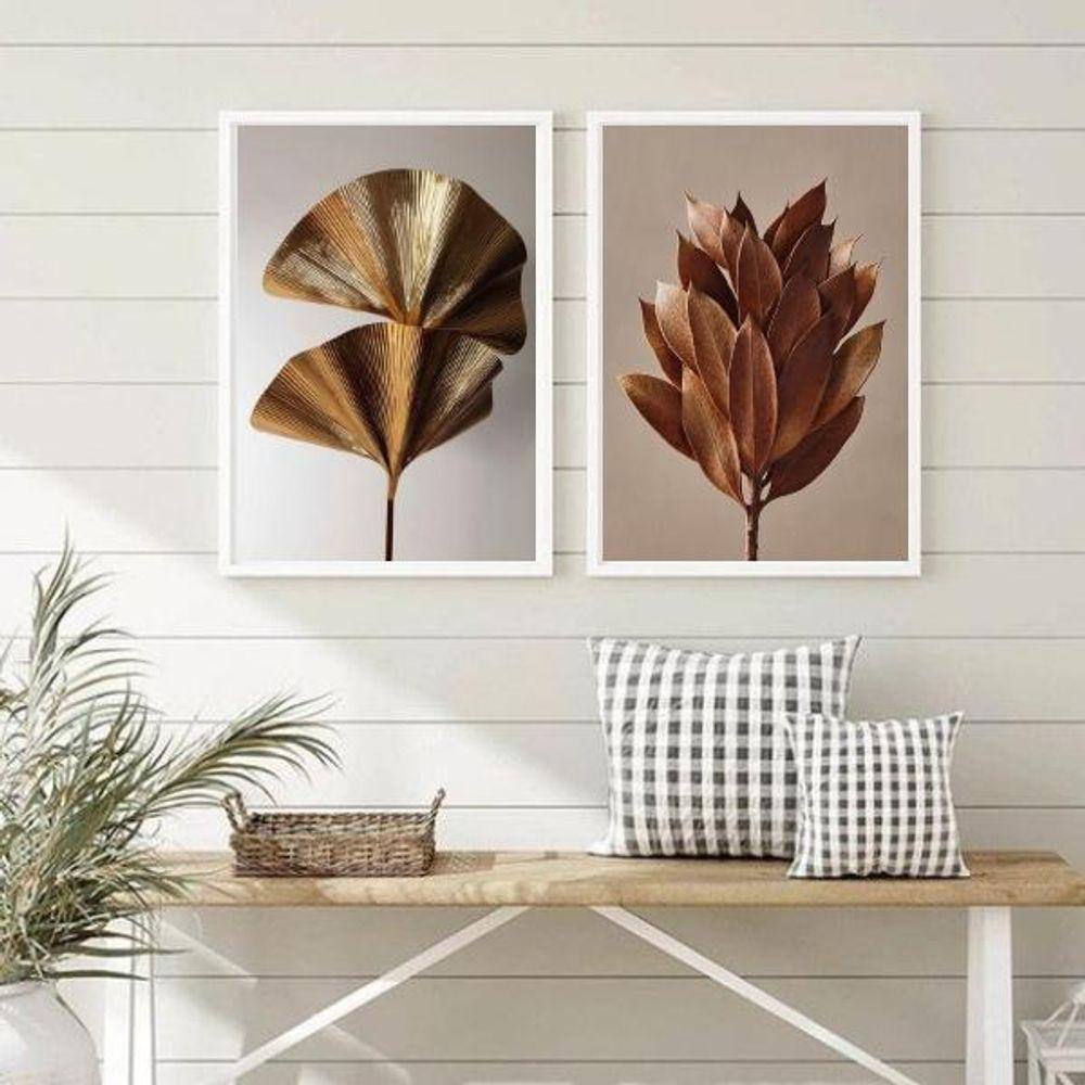Kit 2 Quadros Flores Modernas Marrom E Cinza 33X24Cm