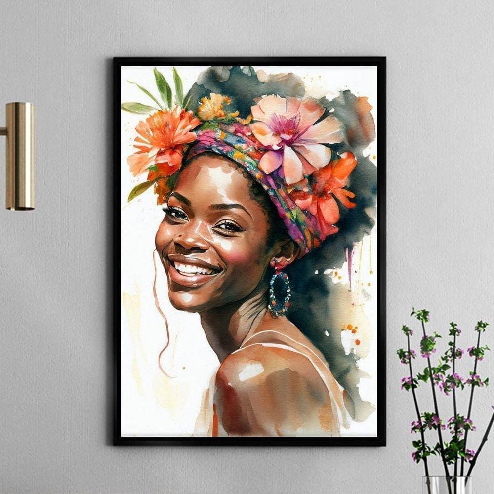 Quadro Decorativa Mulher Preta Aquarela 45X34Cm - Com Vidro