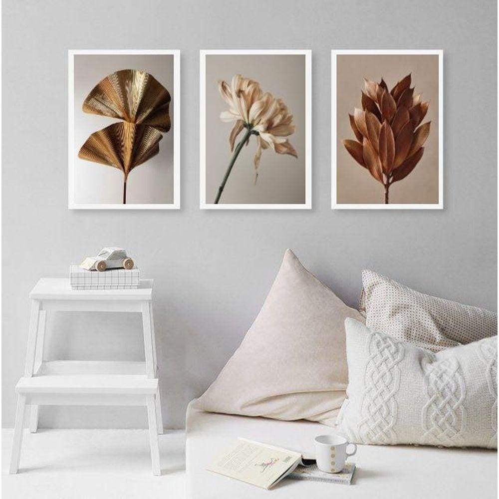 Kit 3 Quadros Elegantes Flores Marrom Bege Dourado 24X18Cm